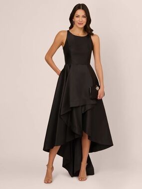 Adrianna Papell High Low Mikado Gown With Asymmetrical Detail In Black